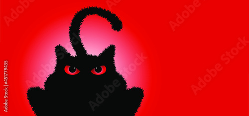 Angry, angered black cat face with big red eyes. Happy halloween day, friday 13. Red scary cats. Vector spooky sign.