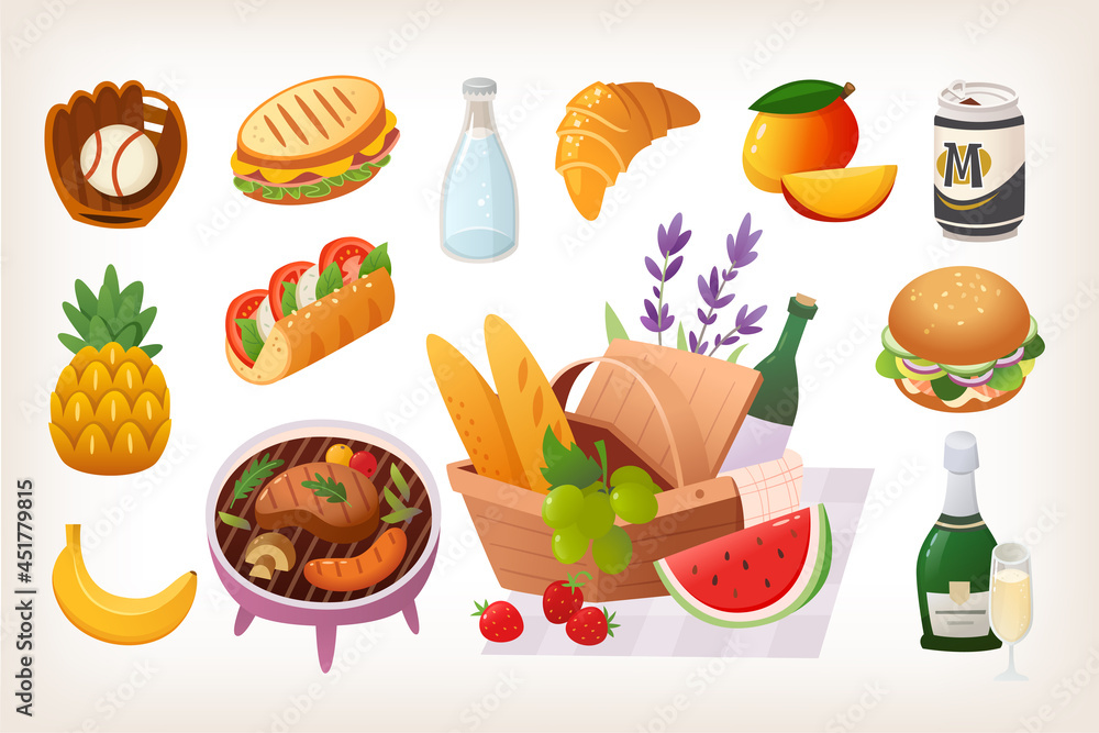 Set of summer picnic party images with fruit, basket and wine. Isolated colorful vector stickers. Set of summer picnic party images with fruit, basket and wine. Isolated colorful vector stickers.