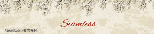seamless background, banner with a place for the text. hand-drawn branches of winter Víscum in a minimalist style. a modern pattern for holiday, banner.  vintage style. art vector  illustratration