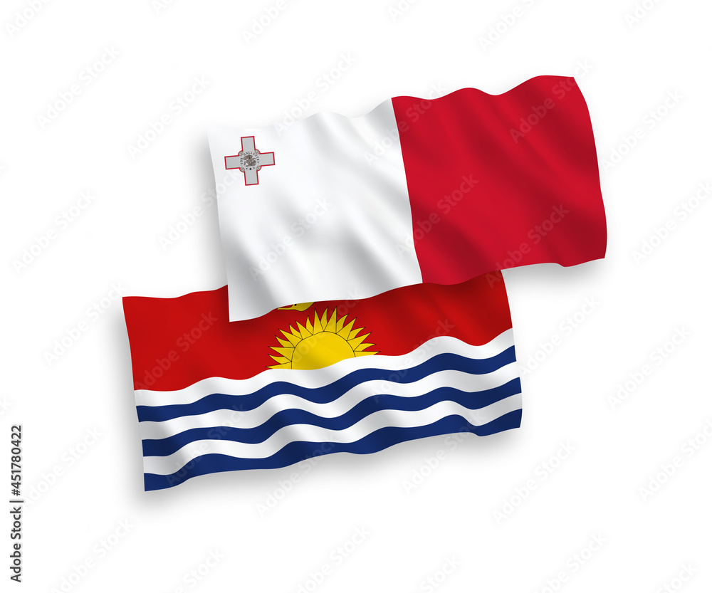 National vector fabric wave flags of Malta and Republic of Kiribati isolated on white background. 1 to 2 proportion. National vector fabric wave flags of Malta and Republic of Kiribati isolated on white background. 1 to 2 proportion.