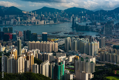 Photography Hong Kong Victoria harbor city landscape, business downtown urban with skyline b