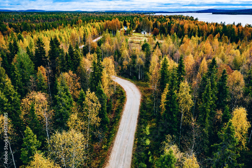 Aerial view of fall road with beautiful autumn forest