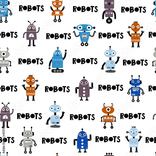 Seamless pattern with funny robots.