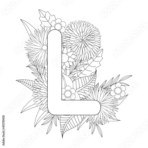 Letter L coloring page. Floral coloring.