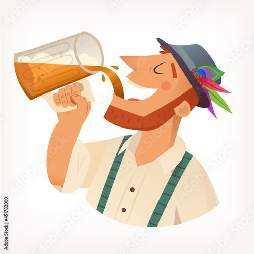 Ginger man with beard in hat drinking beer with foam pouring it from big full mug into the mouth. Isolated vector illustration 