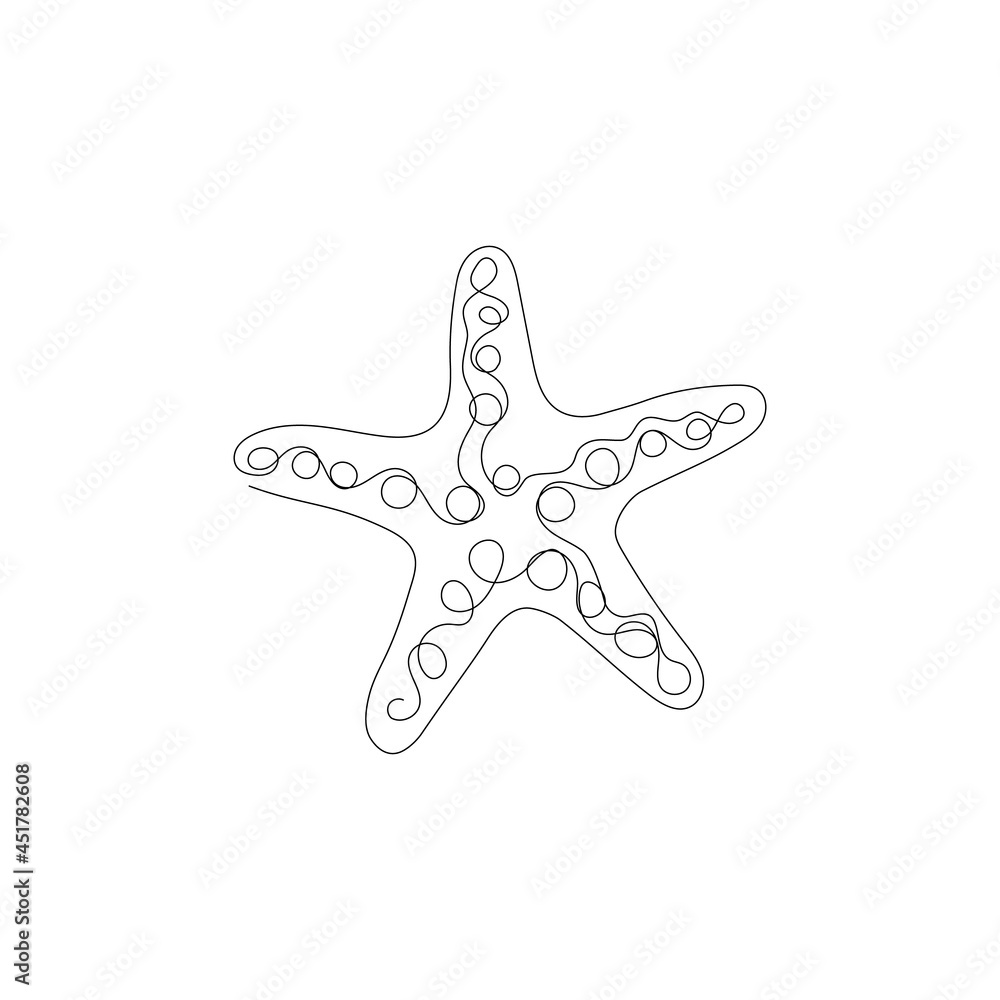 Continuous one line drawing of sea starfish. Minimalistic art, logo concept. Vector illustration. Continuous one line drawing of sea starfish. Minimalistic art, logo concept. Vector illustration.