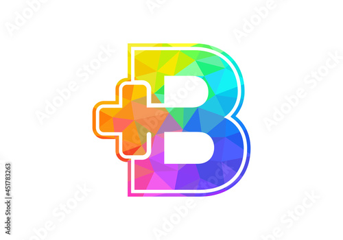 Initial B monogram alphabet with a plus logo sign. Low poly art style. Font emblem. Modern vector logo for medical or health business, and company identity