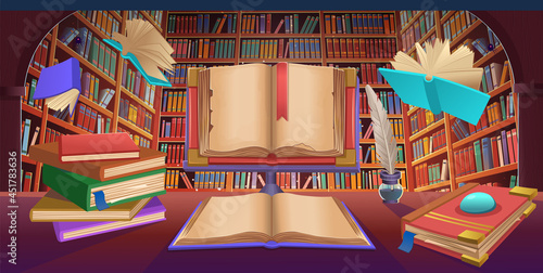 Library book shelves with flying books, stack of books, old open book,  cartoon vector illustration.