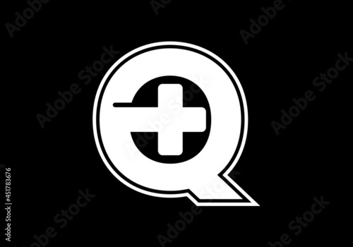 Initial Q monogram alphabet with a plus logo sign white in black background. Font emblem. Modern vector logo for medical or health business, and company identity