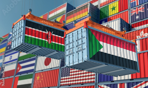Freight containers with Kenya and Sudan national flags. 3D Rendering 