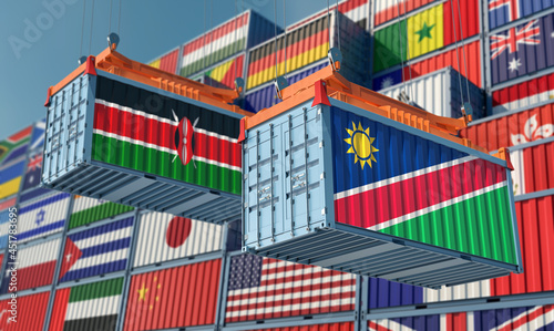 Freight containers with Kenya and Namibia national flags. 3D Rendering 