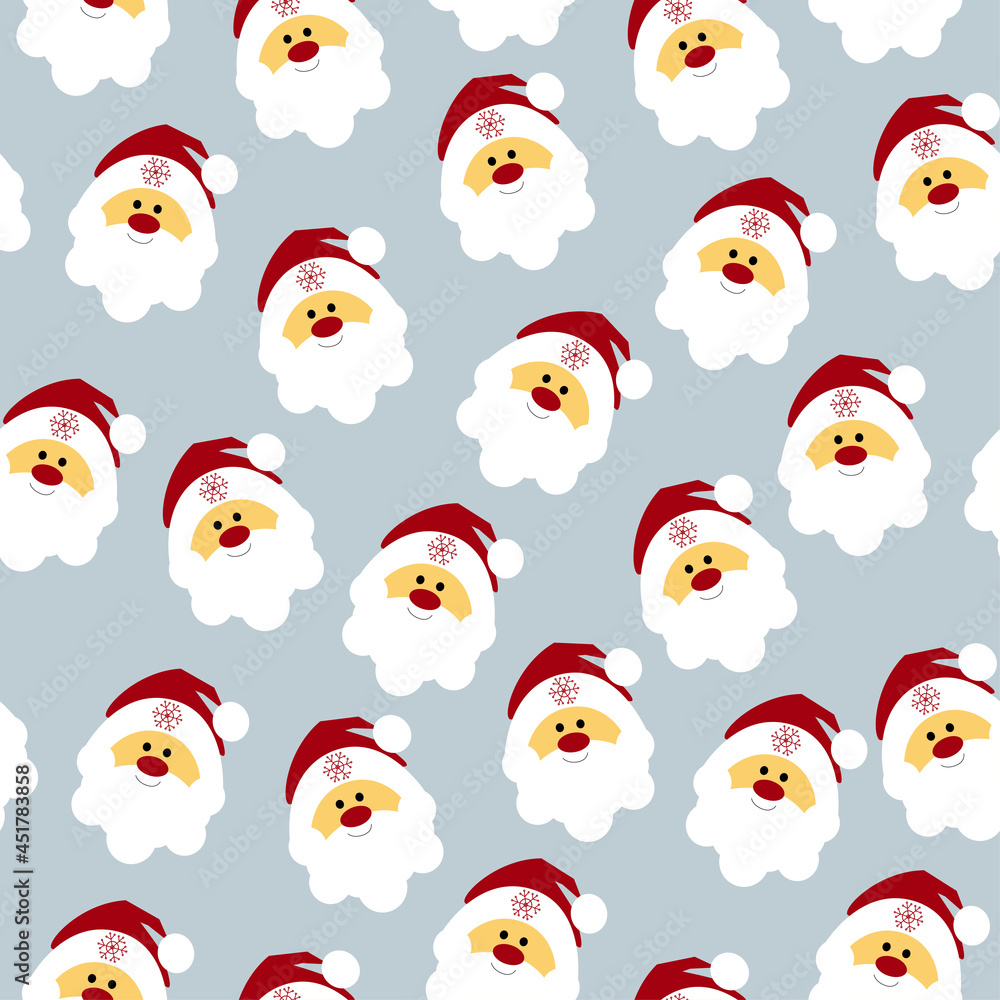 Christmas seamless pattern with cute design of Santa's head in a red hat. A pattern on a gray background. Christmas seamless pattern with cute design of Santa's head in a red hat. A pattern on a gray background.
