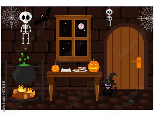A room prepared for the celebration of Halloween with horror stories. Vector illustration on the theme of the interior.