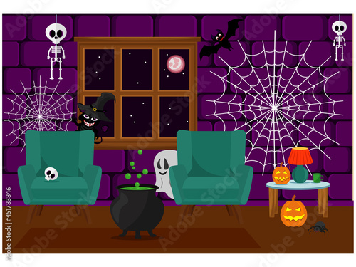 A room prepared for the celebration of Halloween with horror stories. Vector illustration on the theme of the interior.