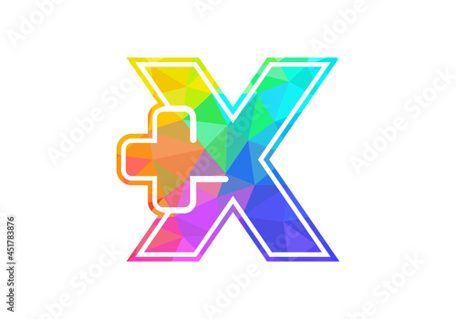 Initial X monogram alphabet with a plus logo sign. Low poly art style. Font emblem. Modern vector logo for medical or health business, and company identity