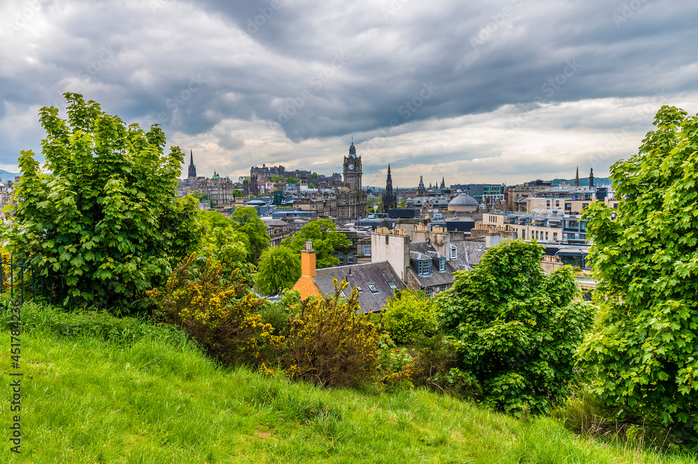 A view from the top of Calton Hill in Edinburgh, Scotland on a summers day