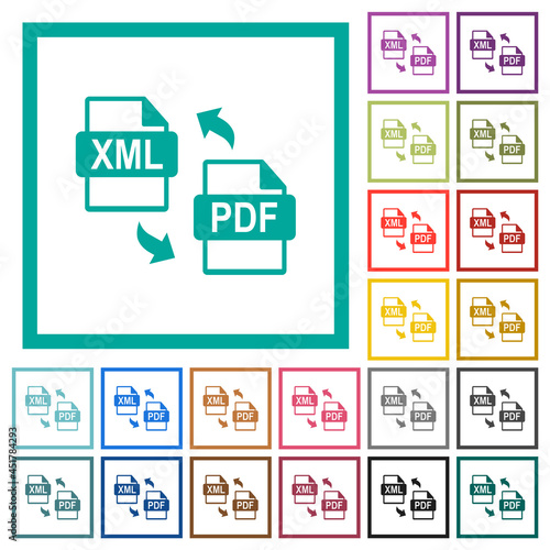 XML PDF file conversion flat color icons with quadrant frames