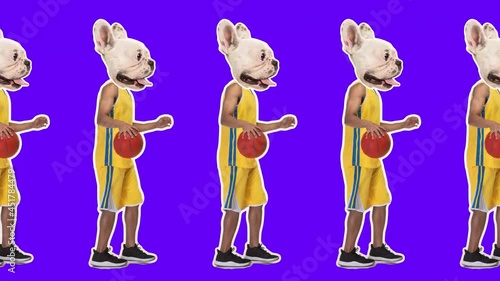 Wallpaper Mural Digitally generated. 4K Minimal animation motion design. Funny dog face on basketball player with ball. Pop mood. Man in stop motion, 2D, modern, conceptual, contemporary pop art collage. Sport concep Torontodigital.ca