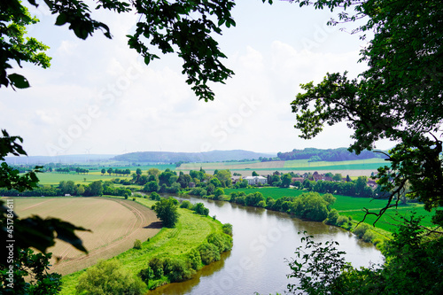 View of the Weser and the surrounding landscape. Nature near a river in Germany.