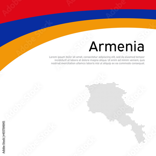 Armenia flag, mosaic map on white background. Wavy ribbon with the armenian flag. Vector flat banner design, armenia national poster. Cover for business booklet. State patriotic, flyer, brochure