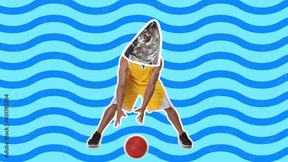 custom made wallpaper toronto digitalDigitally generated. 4K Minimal animation motion design. Fish head on basketball player with ball. Pop mood. Man in stop motion, 2D, modern, conceptual, contemporary pop art collage. Sport concept