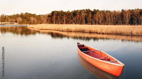 View of Kayak or canoe on a water front in the lake. Outdoors and adventure concept. vintage style. 