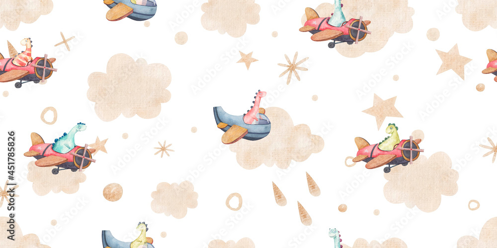 Obraz premium seamless pattern with sky and dinos, clouds, dots, stars made of gold, cute childish illustration
