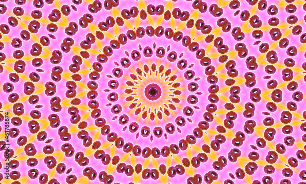 Bronze donuts kaleidoscope on pink and orange background Bronze donuts kaleidoscope on pink and orange background
