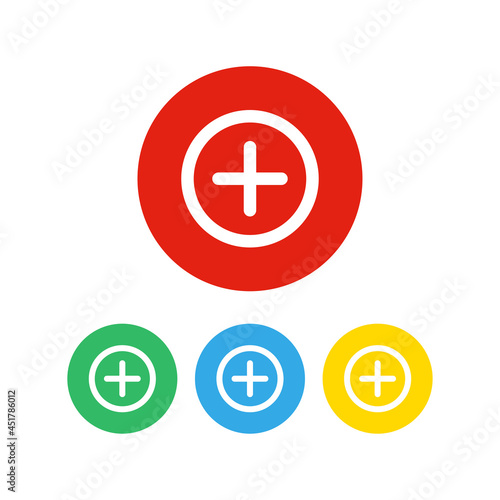 Set of 4 colorful icons. Plus sign or add button icon.
