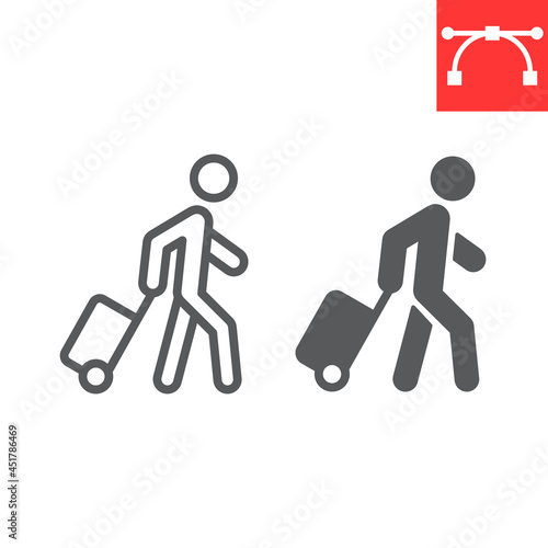 Person pulling luggage line and glyph icon, migration and tourist, passenger with rolling bag vector icon, vector graphics, editable stroke outline sign, eps 10
