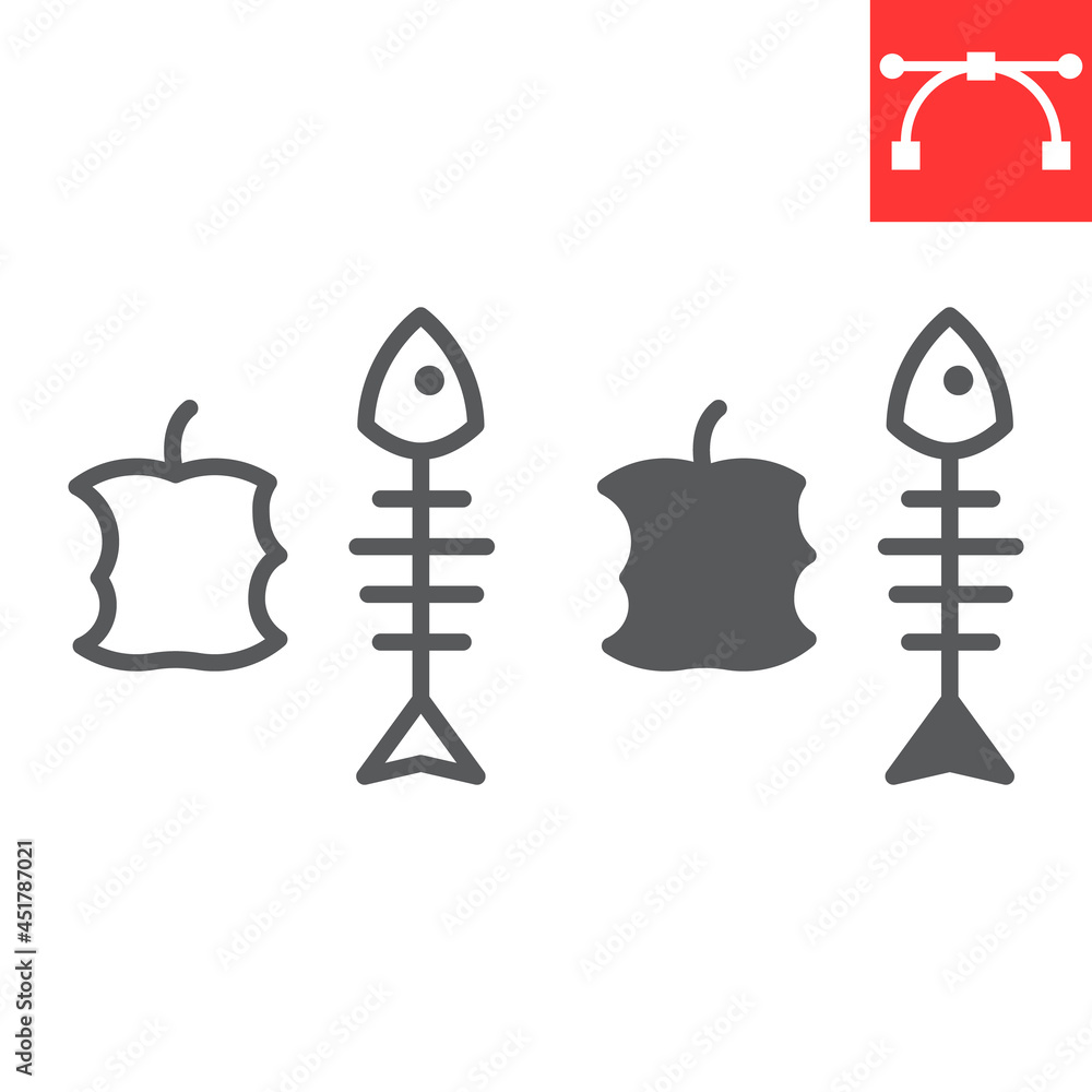 Organic waste line and glyph icon, apple core and fish skeleton, food waste vector icon, vector graphics, editable stroke outline sign, eps 10 Organic waste line and glyph icon, apple core and fish skeleton, food waste vector icon, vector graphics, editable stroke outline sign, eps 10