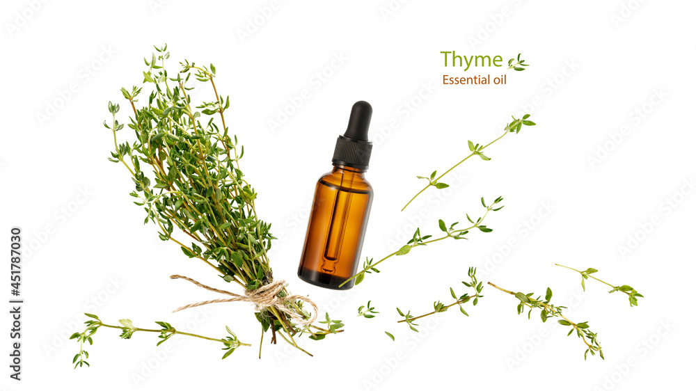 Thyme essential oil glass bottle, aromatic herbs bunch and twigs flying isolated on white background. Thyme essential oil glass bottle, aromatic herbs bunch and twigs flying isolated on white background.