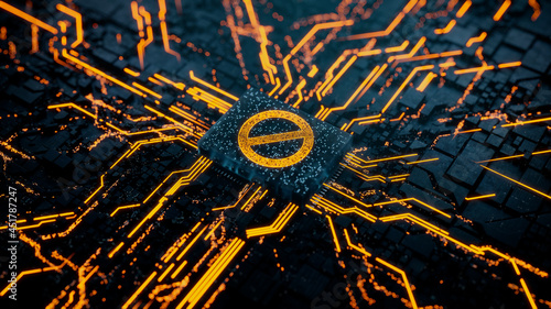 Restricted Access Technology Concept with Prohibition symbol on a Microchip. Data flows from the CPU across a Futuristic Motherboard. 3D render. photo