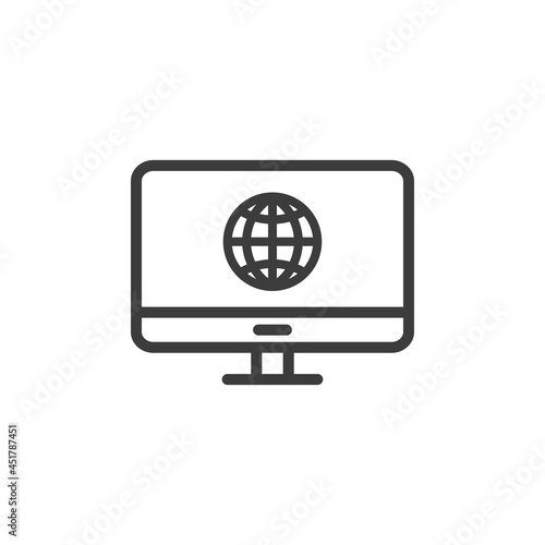 Desktop computer with globe icon and white background