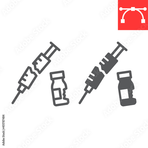 Medical waste line and glyph icon, recycle and ecology, broken syringe and vial vector icon, vector graphics, editable stroke outline sign, eps 10