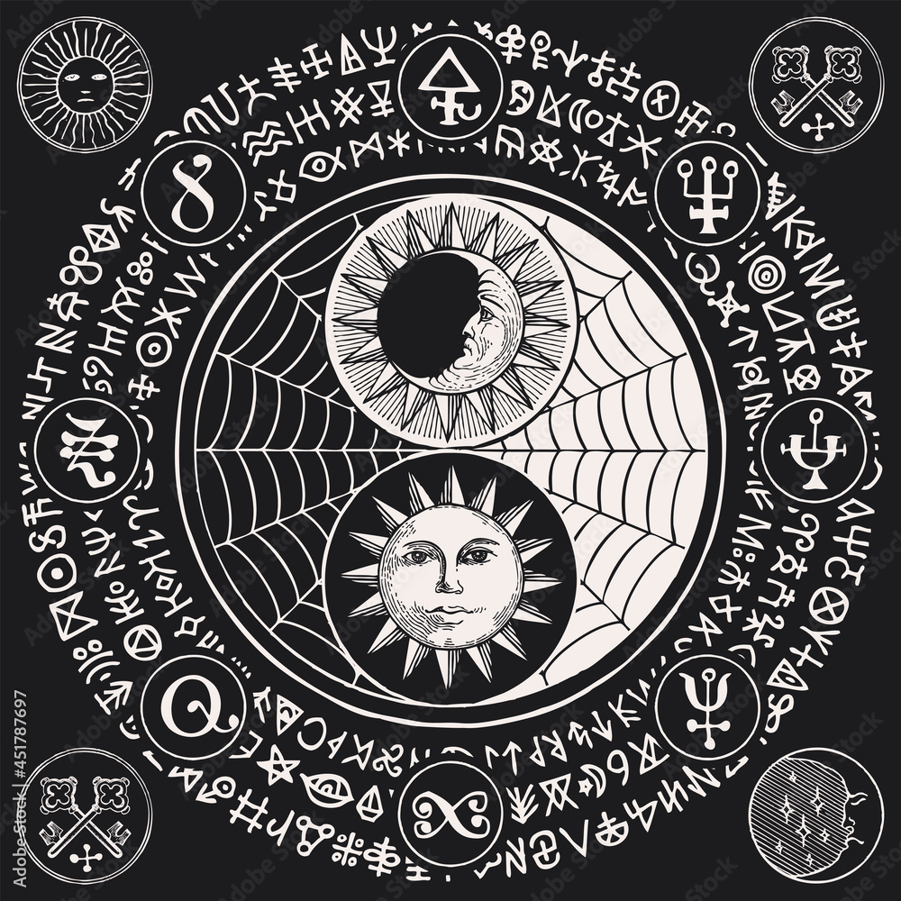 Vector yin yang symbol with sun, moon, cobweb and magic signs, written ...