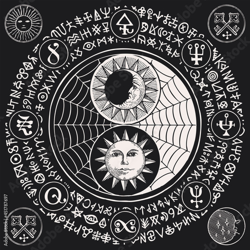 Vector yin yang symbol with sun, moon, cobweb and magic signs, written in a circle on a black background. Black and white sign of harmony, balance, day and night, feng shui, yoga, zen