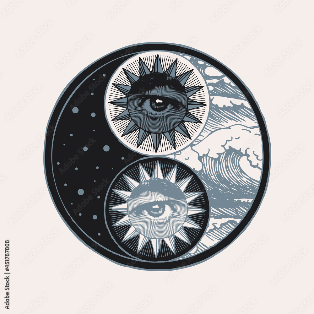 Ταπετσαρία Vector yin yang symbol with human eyes, stars and sea waves on a light background