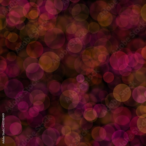 Abstract background. Bokeh design of red, fuchsia, magenta, orange shiny glitters and bubbles frame for social media. Defocused, blurred.