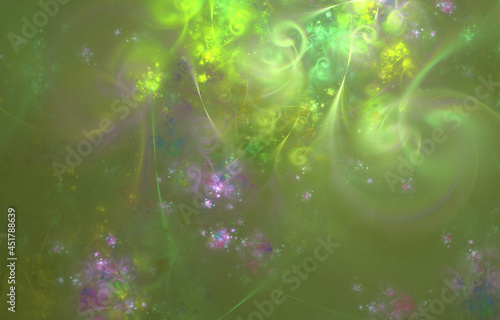 Abstract fractal art background which suggests flowers and spring time in a palette of greens and pinks.