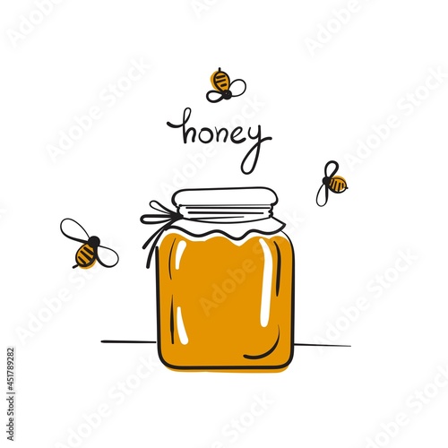 Jar with honey cartoon illustration. Vector sketch.