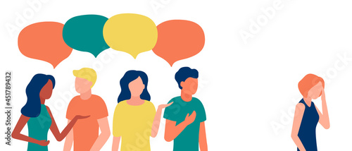 Group of people communicate, ignoring, bullying, shaming, hate, abuse woman outcast. Loneliness, ignore, discrimination, indifference to teammate. Isolation, rejection of human in society. Vector