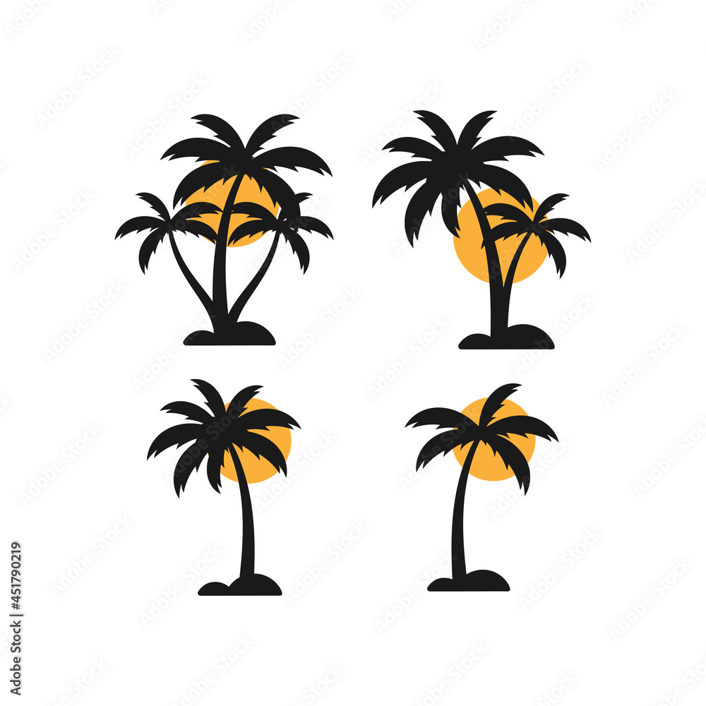 Fototapeta premium Sunset beach palm tree icon set design illustration