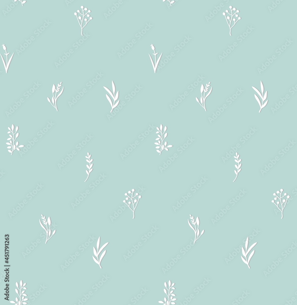 Seamless floral botanical pattern with white wildflowers plants twigs on baby blue background. Print for textile cards wallpaper stationery