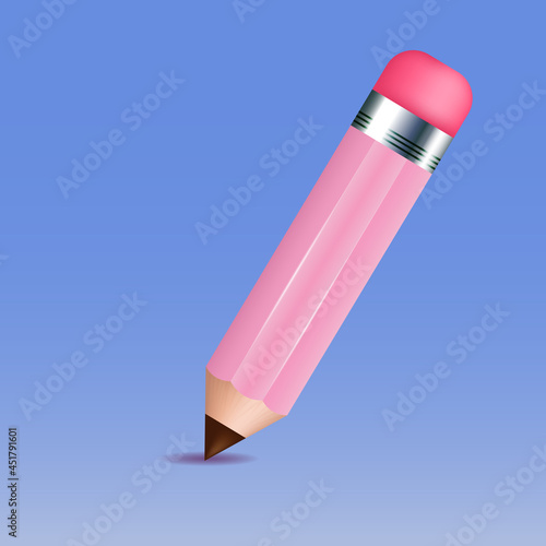 Realistic pencil in pink on a blue background.  School.