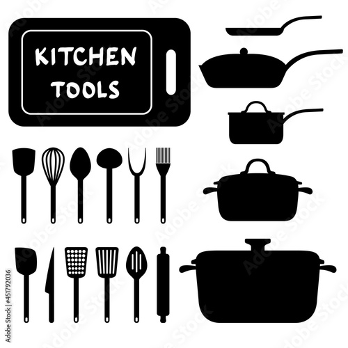 Kitchen tools collection set. Vector isolated black elements for web, culinary infographic, brochure, restaurant presentation