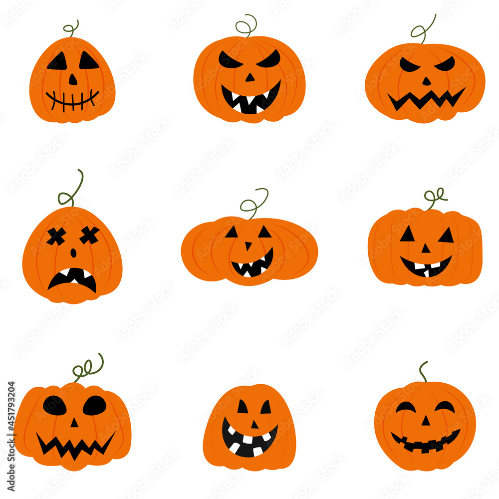 A set of orange pumpkins with different black faces on a white background. Cartoon illustration of pumpkins on Halloween A set of orange pumpkins with different black faces on a white background. Cartoon illustration of pumpkins on Halloween