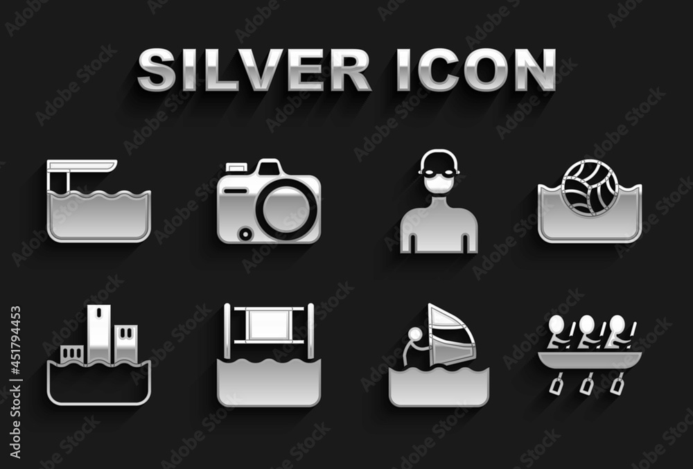 Set Water volleyball net, polo, Canoe rowing team sports, Windsurfing, Winner podium, Swimmer, Diving board springboard and Photo camera icon. Vector Set Water volleyball net, polo, Canoe rowing team sports, Windsurfing, Winner podium, Swimmer, Diving board springboard and Photo camera icon. Vector