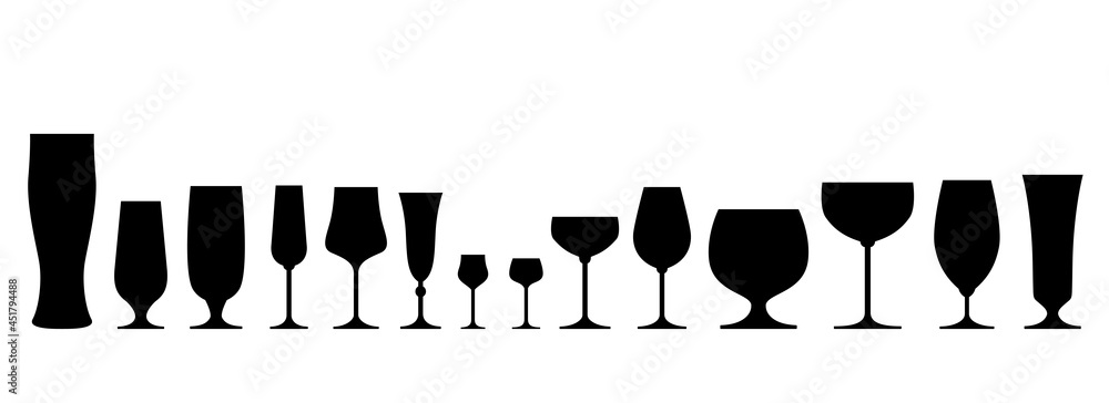 Glasses collection set. Vector isolated black elements for web, culinary infographic, brochure, restaurant presentation Glasses collection set. Vector isolated black elements for web, culinary infographic, brochure, restaurant presentation