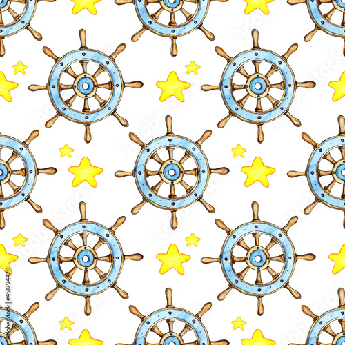 Watercolor painting pattern of vintage wooden ship steering wheel and stars. Sea voyage, sailing. Wheel with handles, schooner control. Isolated over white background.